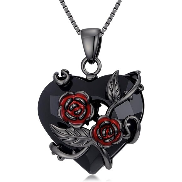 Gothic Black Rose Necklace for Women Men Sterling Silver with Crystals - Picture 1 of 7